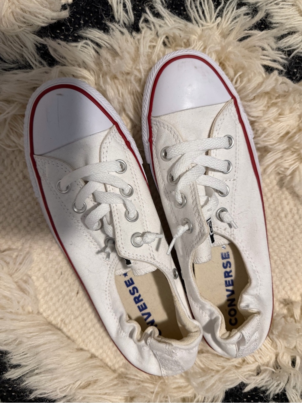 Converse White Low-Top Canvas Sneakers with Red Stripe
